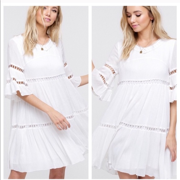 Bell sleeve ruffle crochet detail babydoll dress - Picture 5 of 7